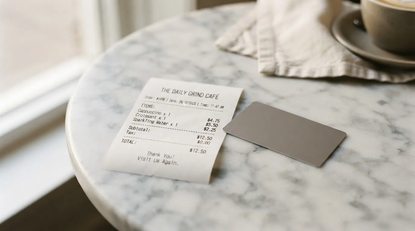 A receipt and a card on a café table