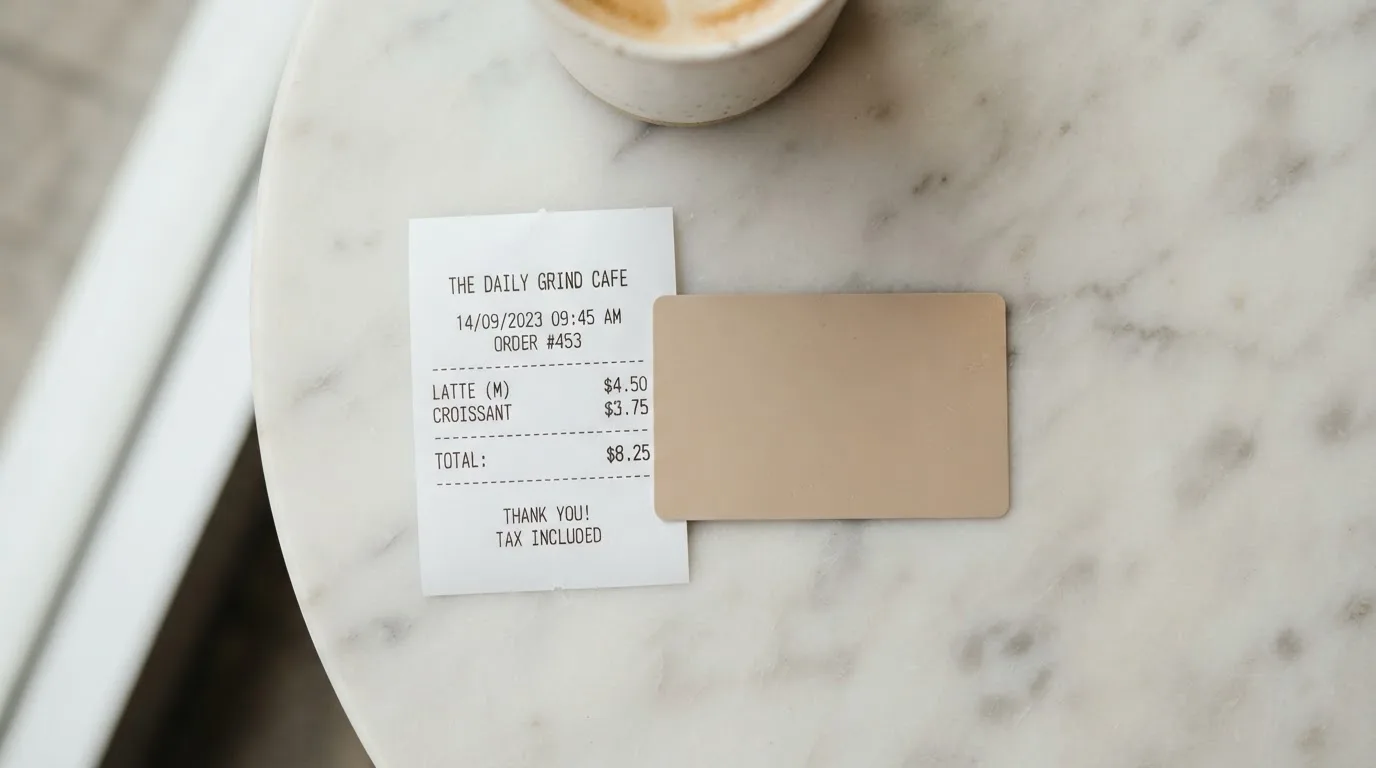 A receipt and a card on a café table