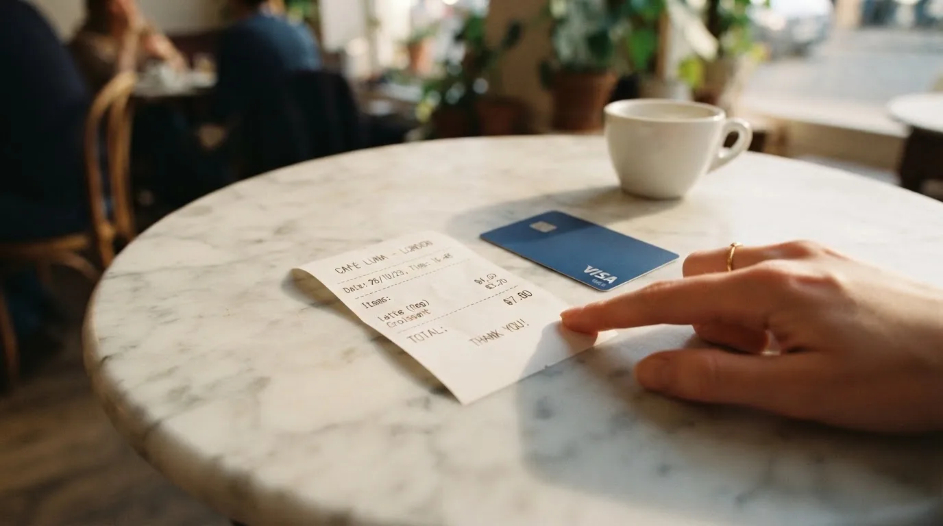 A receipt and a card on a café table