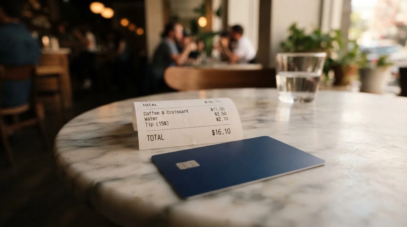 A receipt and a card on a café table