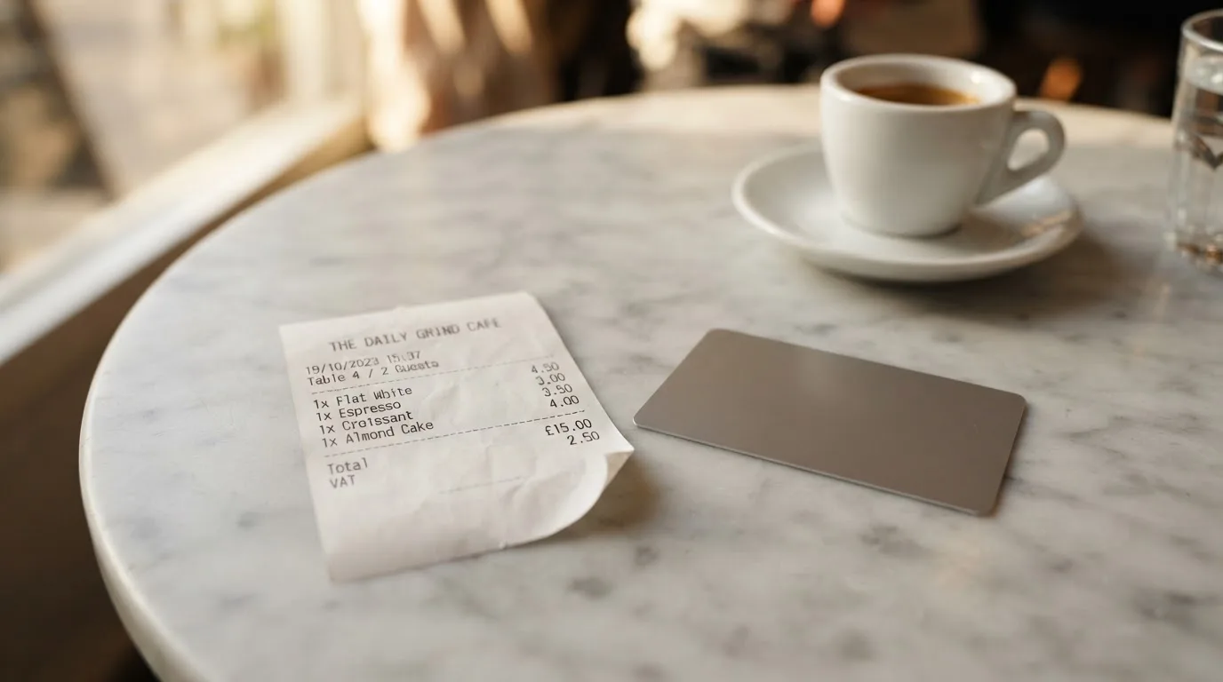 A receipt and a card on a café table