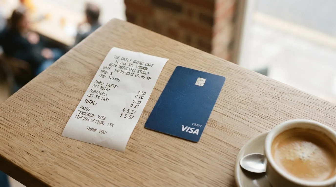 A receipt and a card on a café table