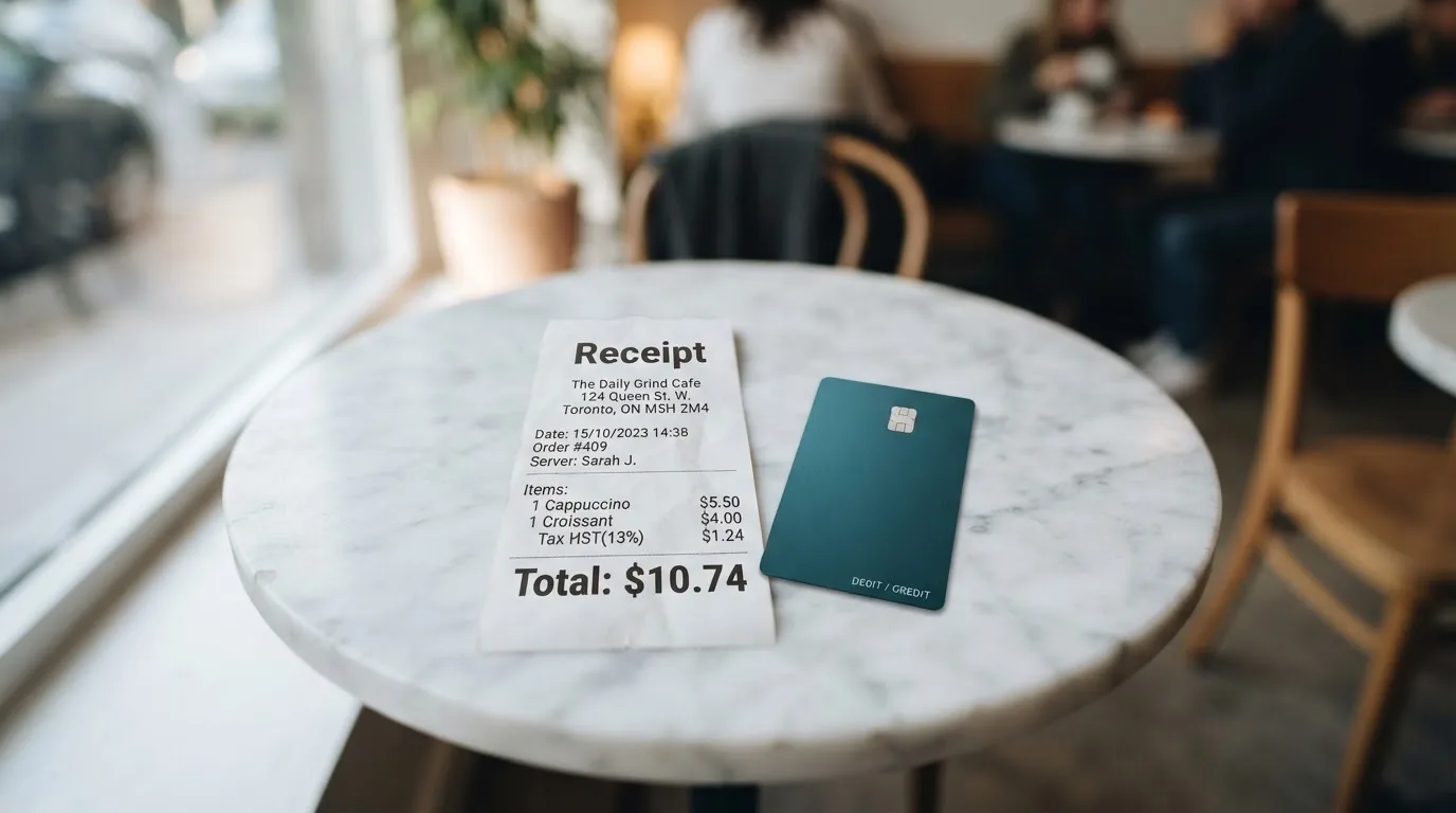 A receipt and a card on a café table