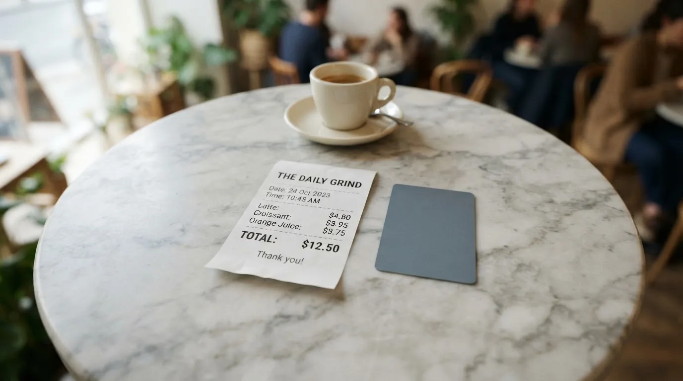 A receipt and a card on a café table