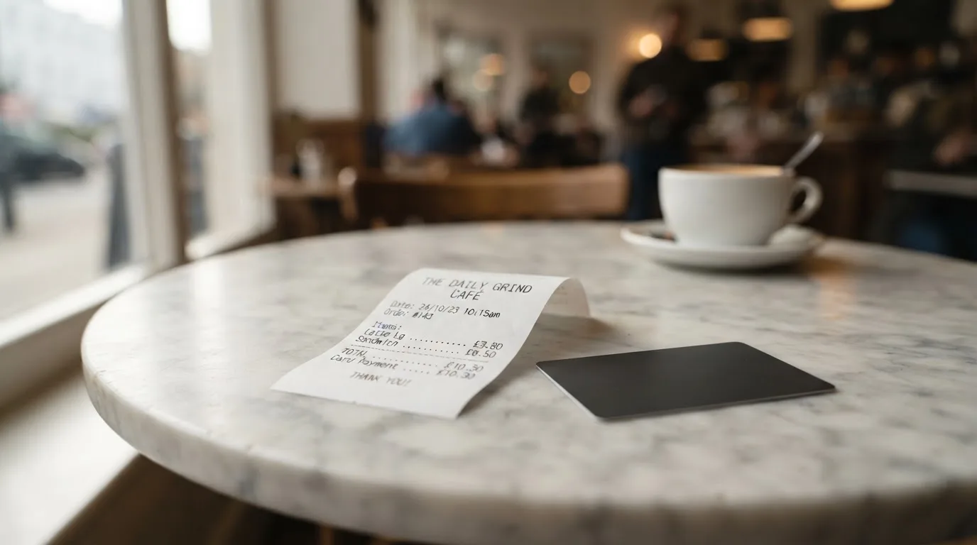 A receipt and a card on a café table