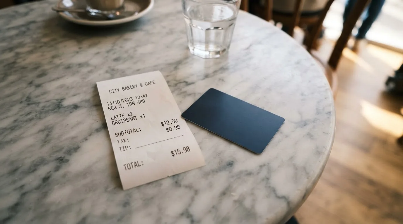 A receipt and a card on a café table