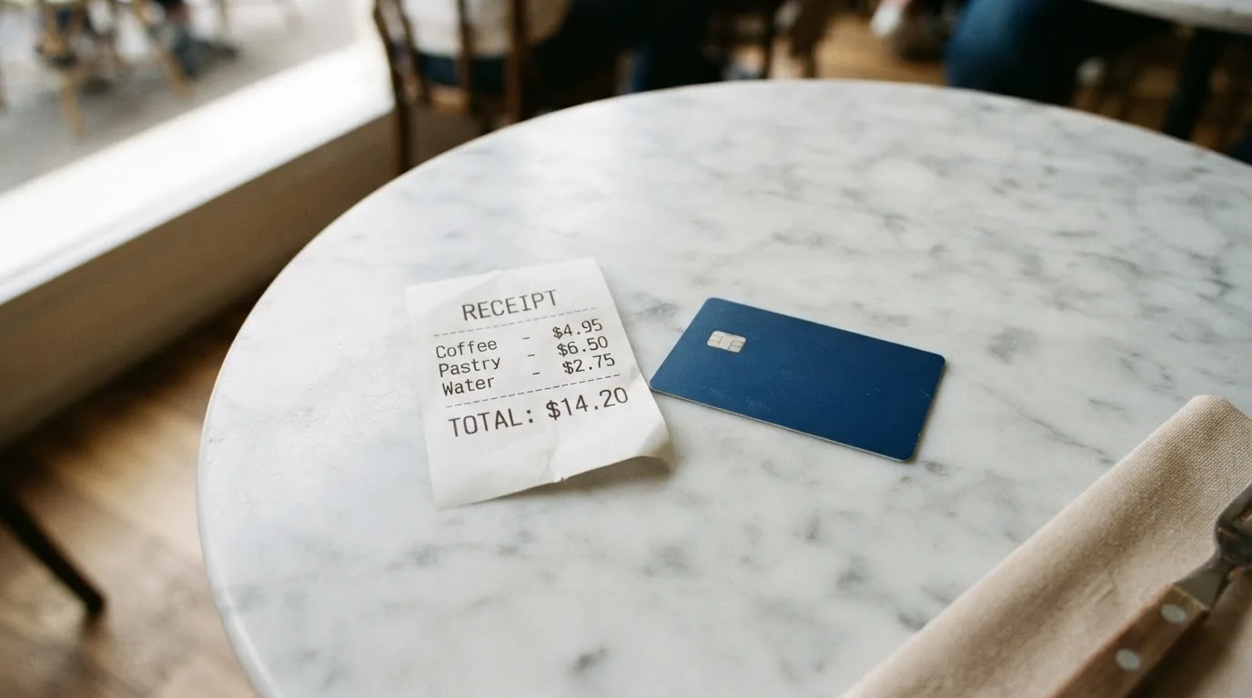 A receipt and a card on a café table