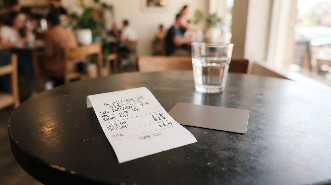 A receipt and a card on a café table