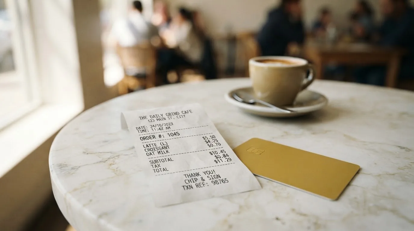 A receipt and a card on a café table