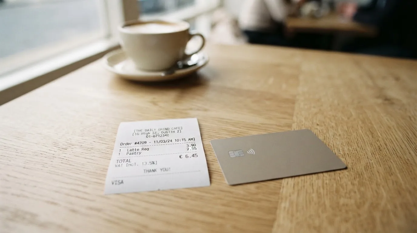 A receipt and a card on a café table