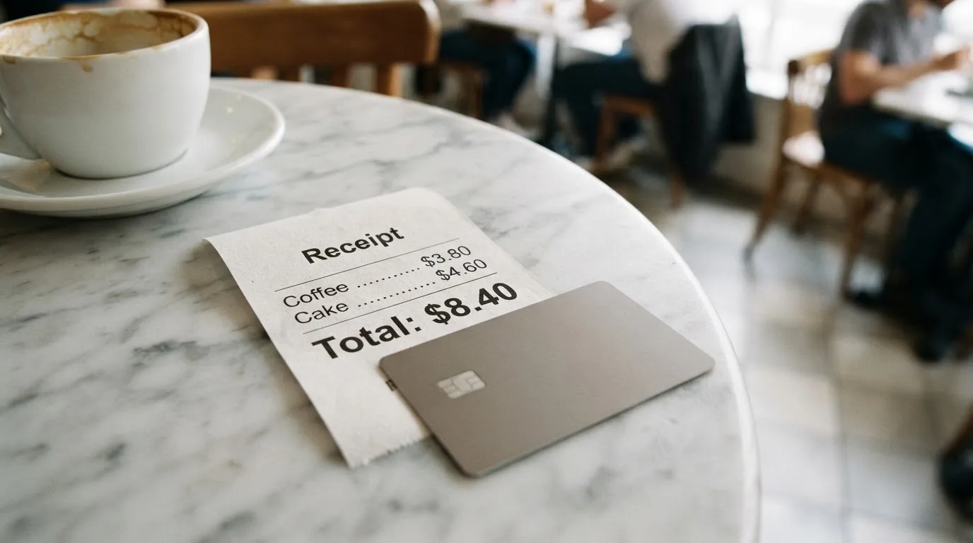A receipt and a card on a café table