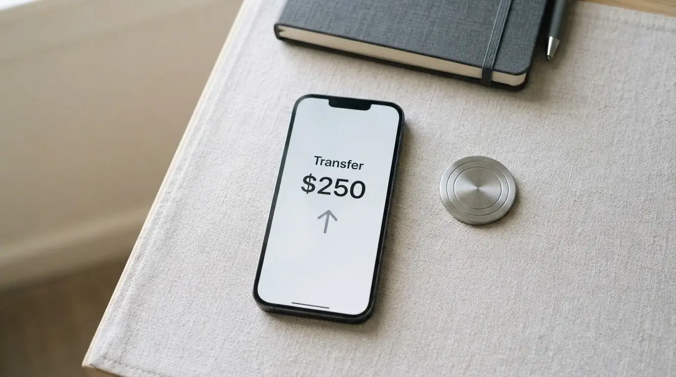 A phone showing a stablecoin transfer screen
