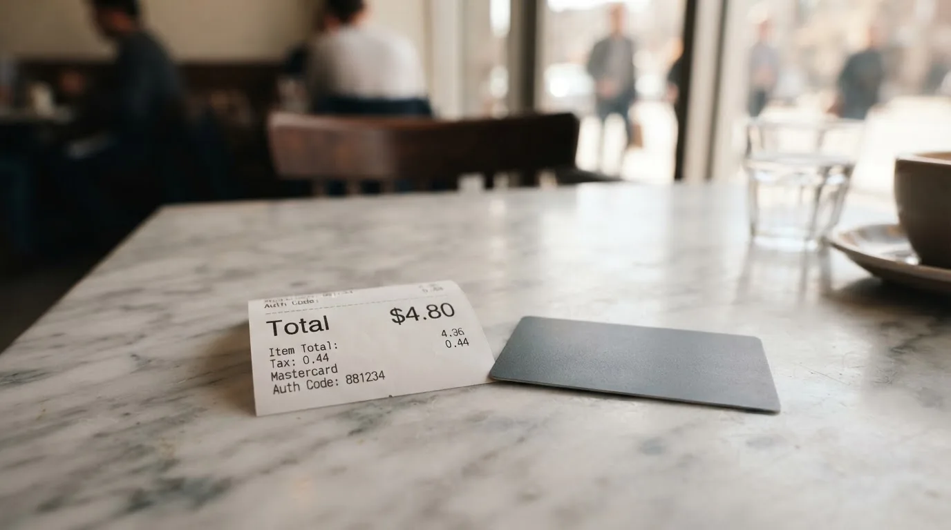 A receipt and a card on a café table