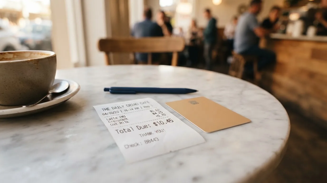 A receipt and a card on a café table