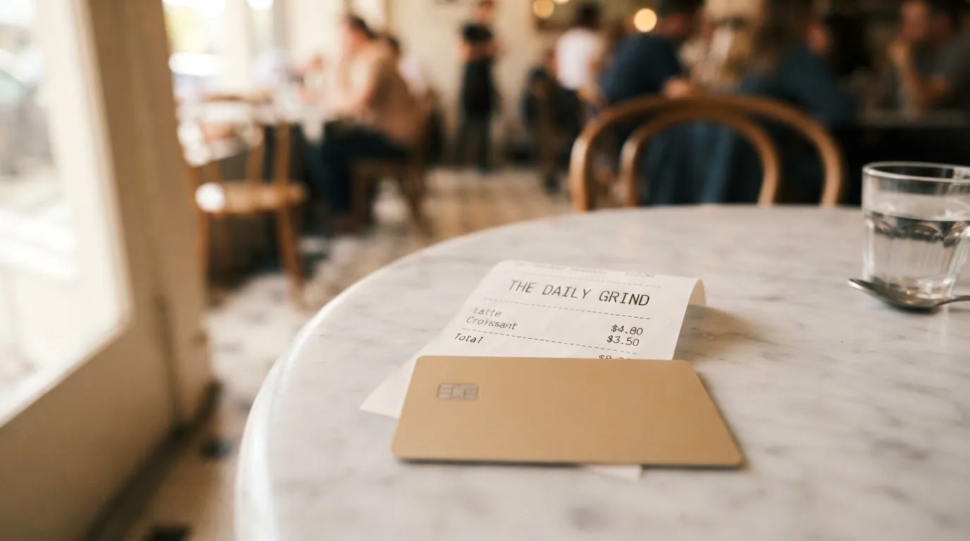 A receipt and a card on a café table