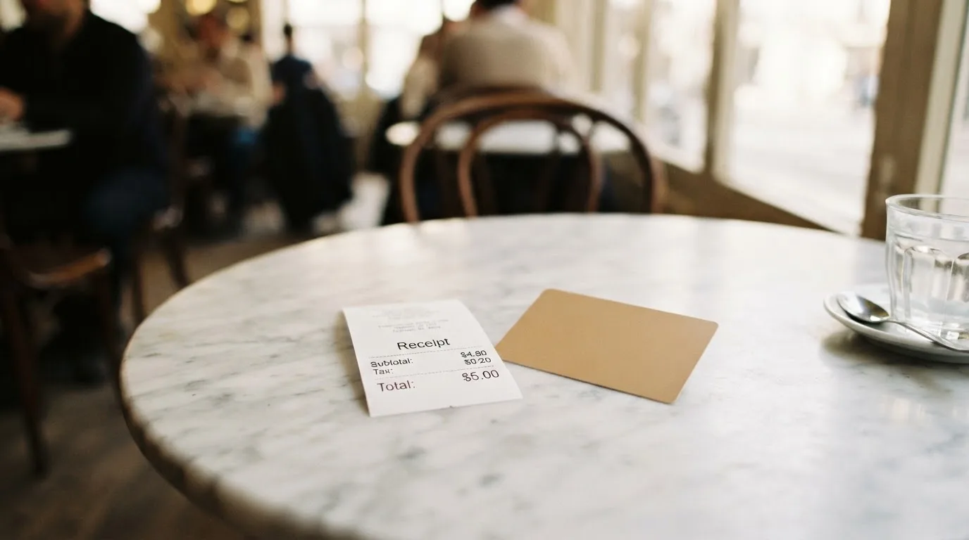 A receipt and a card on a café table