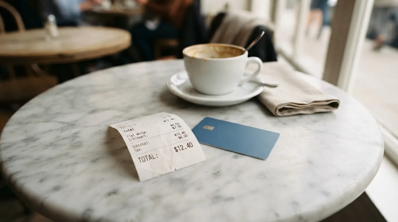 A receipt and a card on a café table