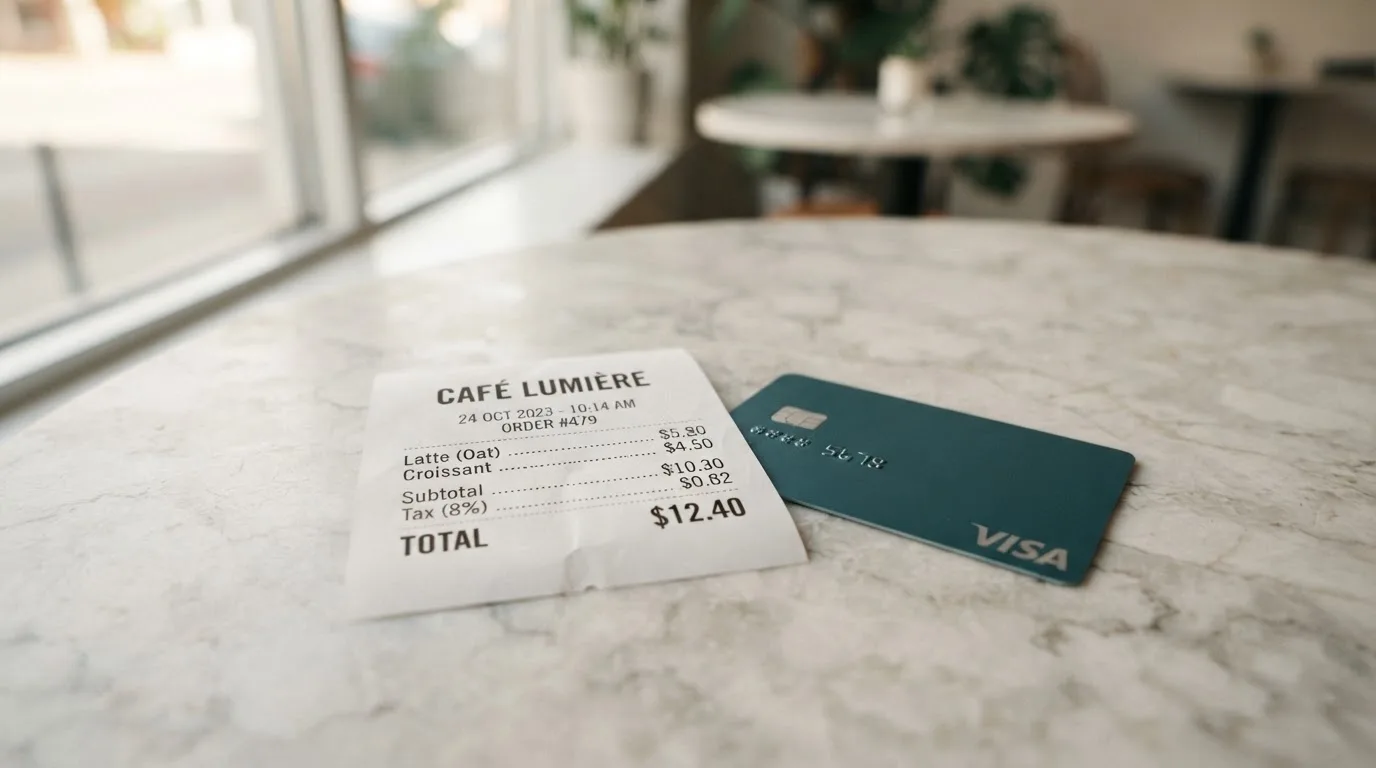 A receipt and a card on a café table