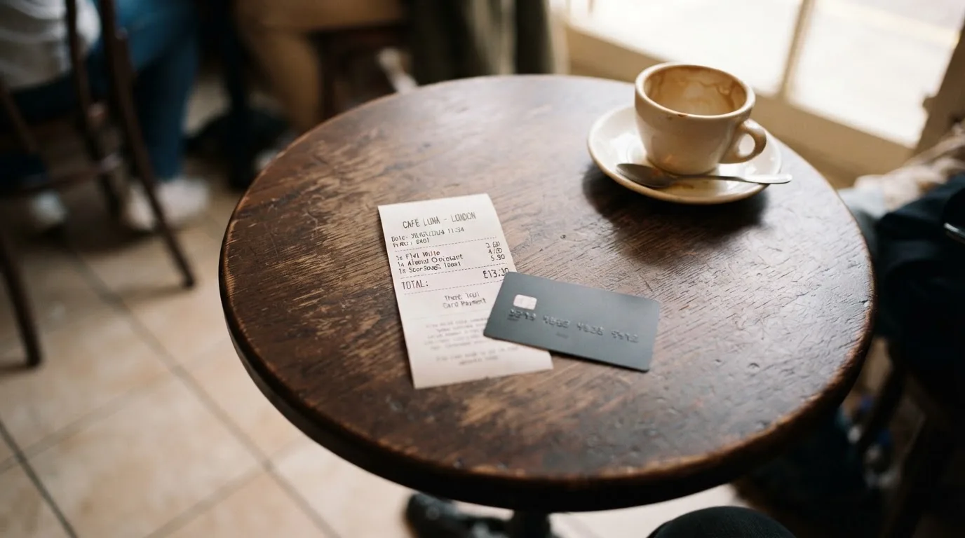 A receipt and a card on a café table