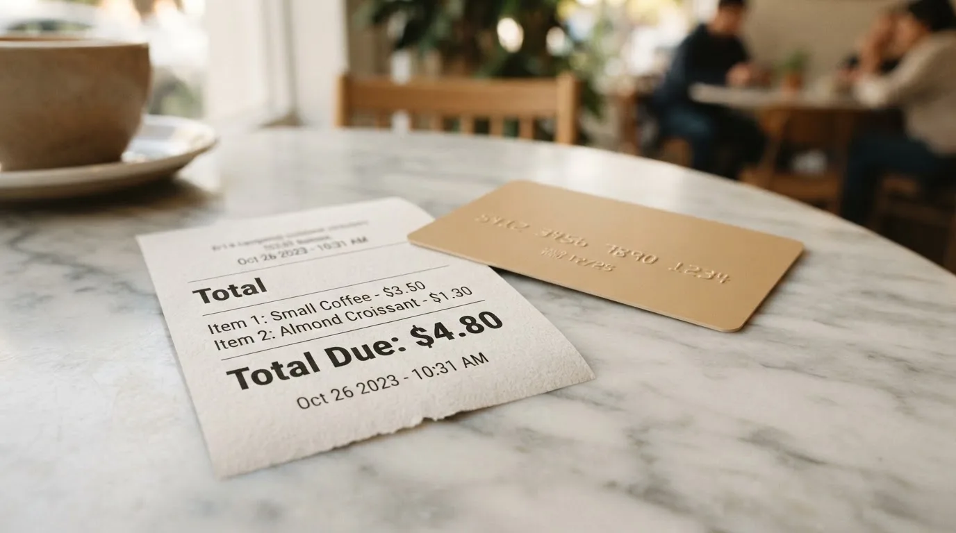 A receipt and a card on a café table