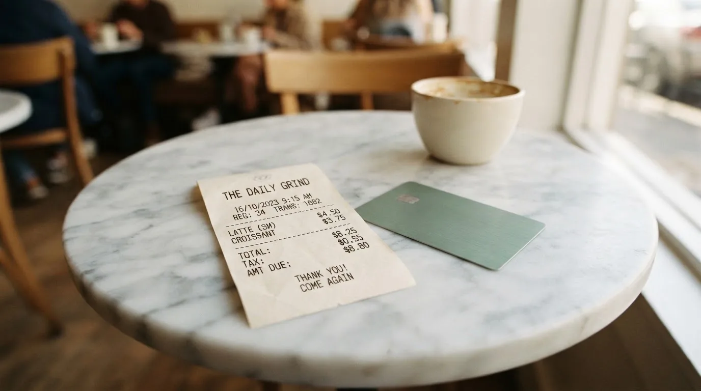 A receipt and a card on a café table