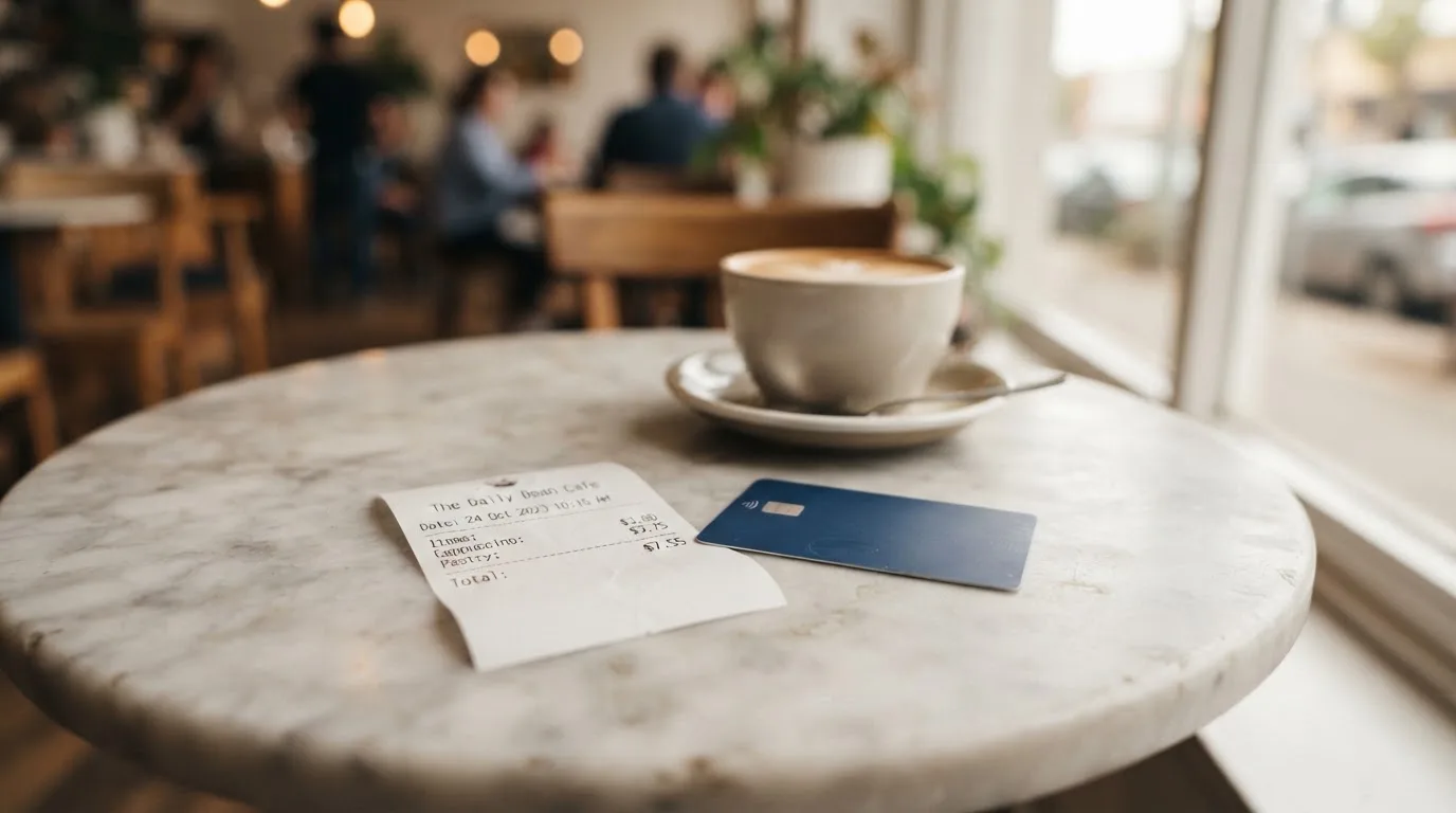 A receipt and a card on a café table