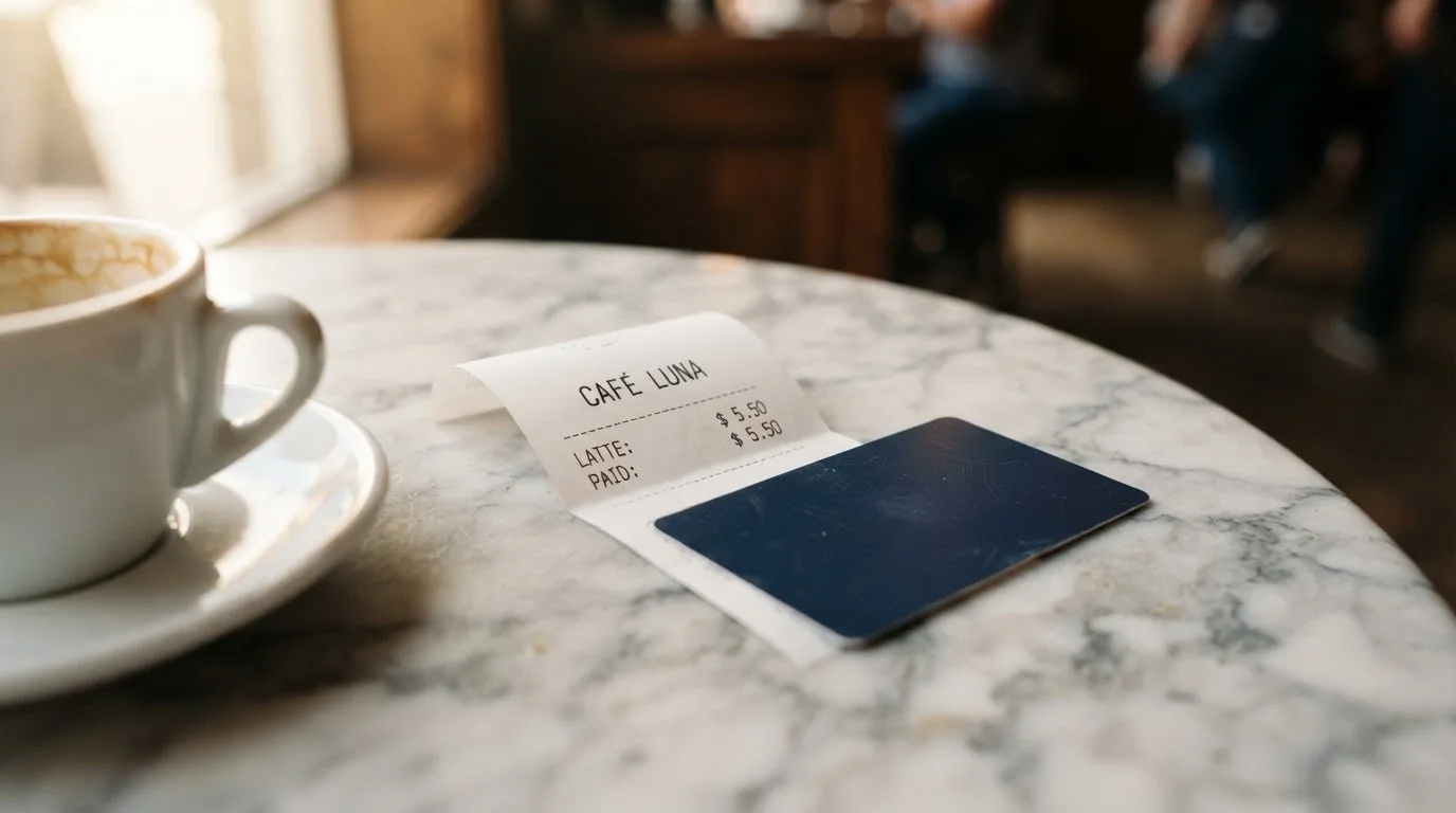 A receipt and a card on a café table