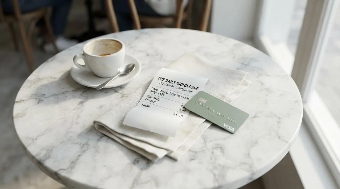 A receipt and a card on a café table