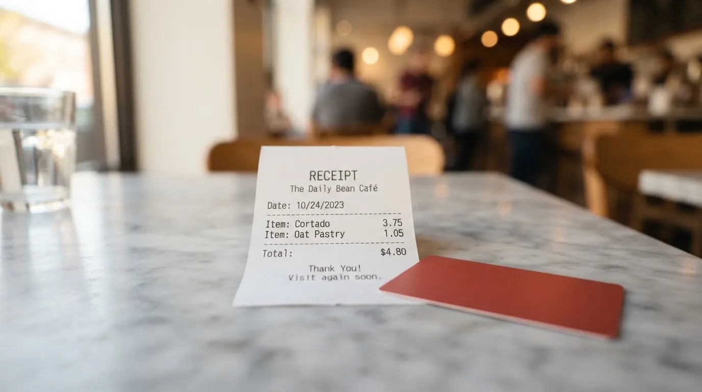 A receipt and a card on a café table