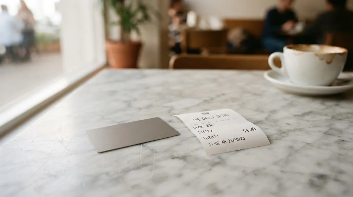 A receipt and a card on a café table