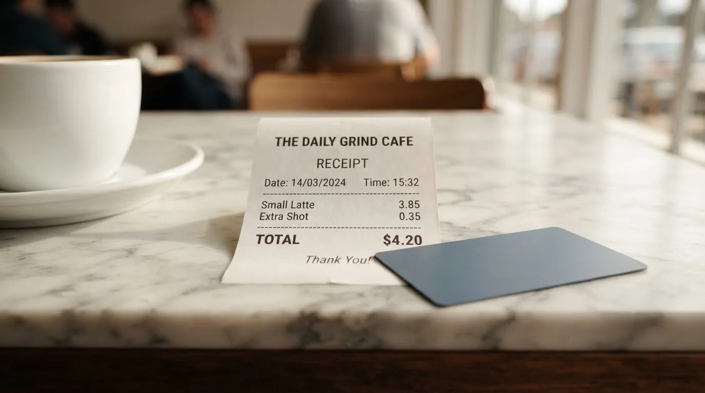 A receipt and a card on a café table