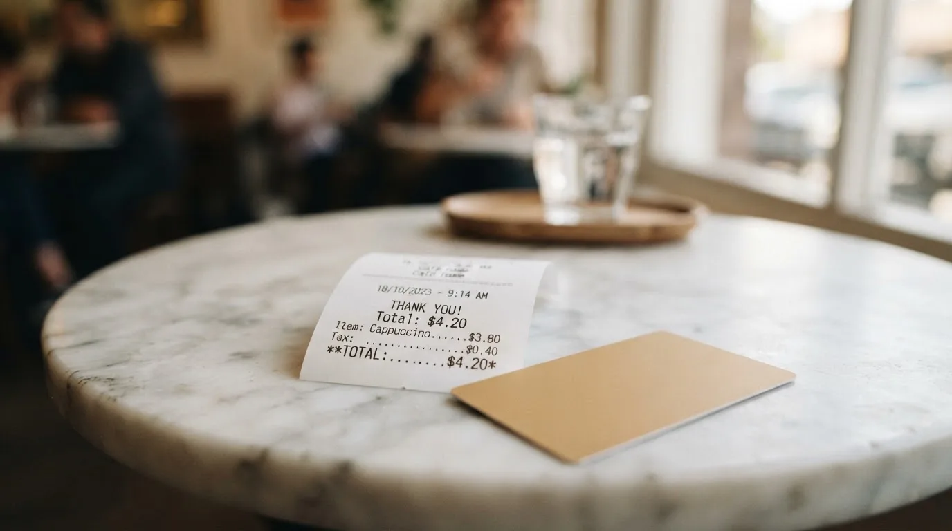 A receipt and a card on a café table