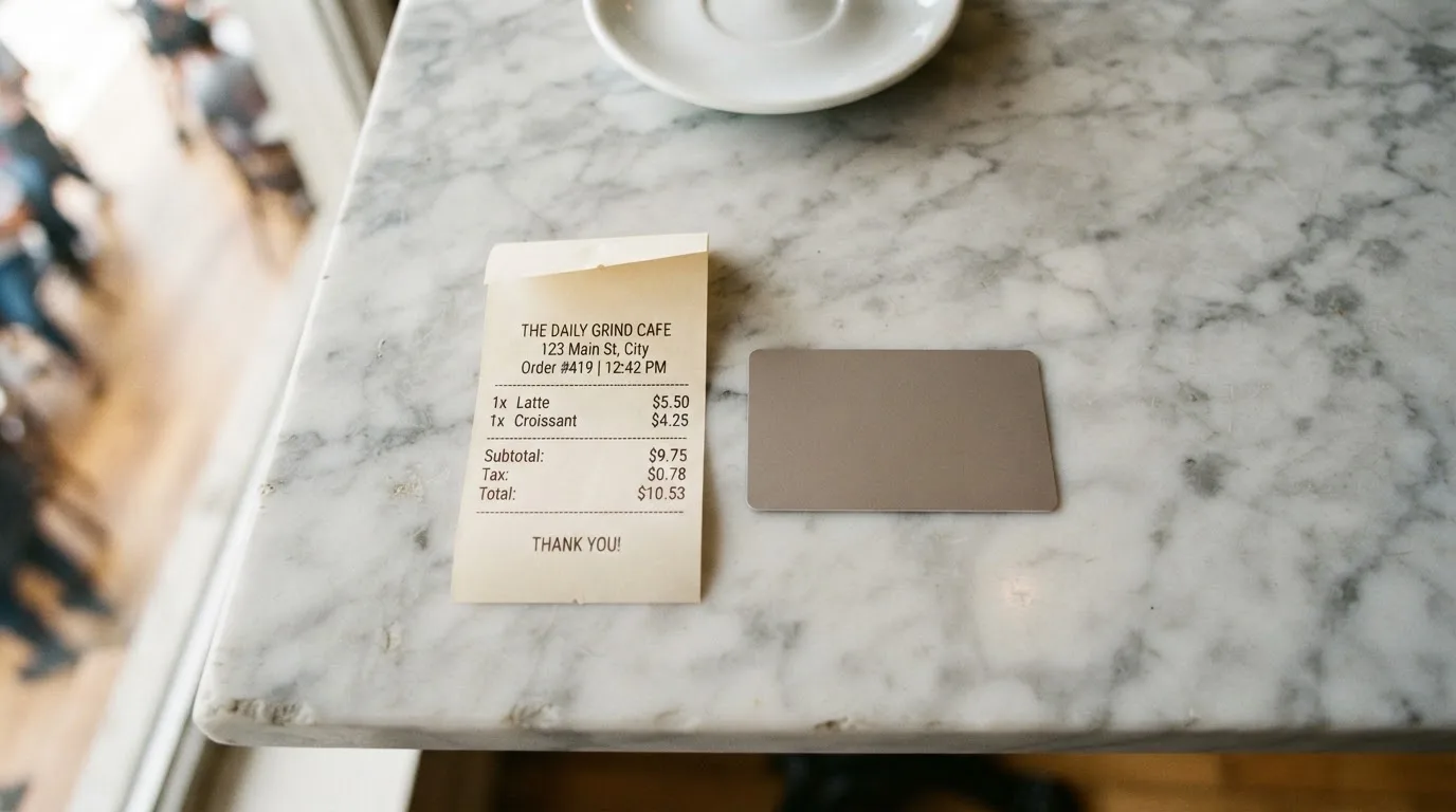 A receipt and a card on a café table