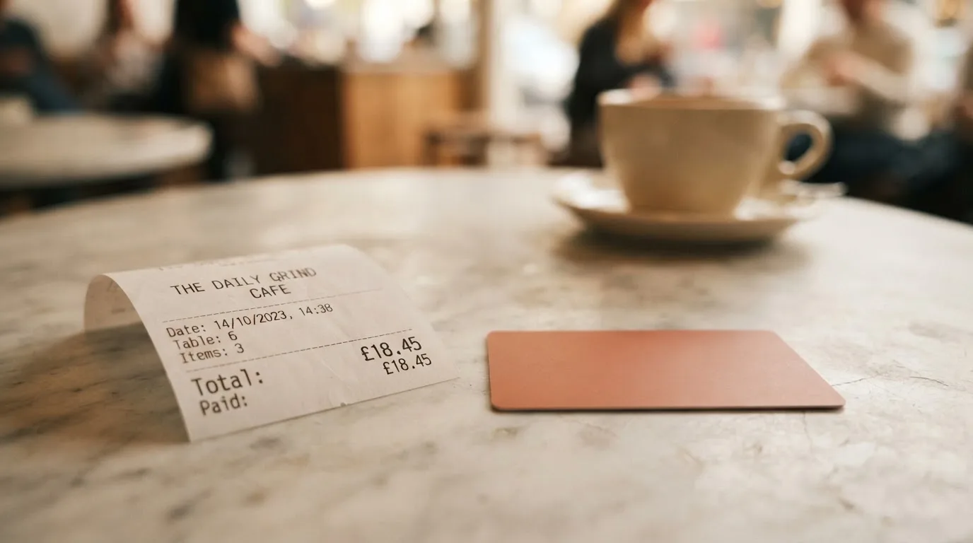 A receipt and a card on a café table