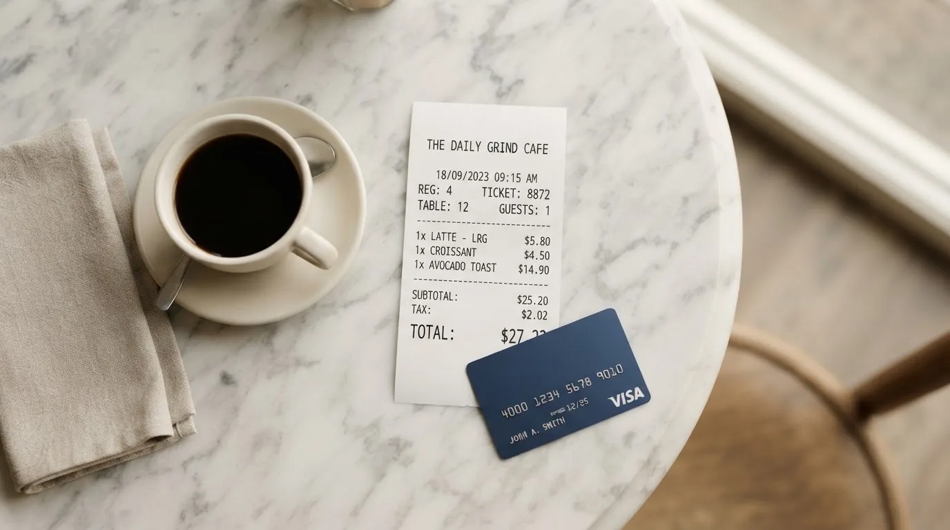 A receipt and a card on a café table