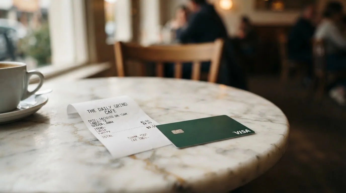 A receipt and a card on a café table
