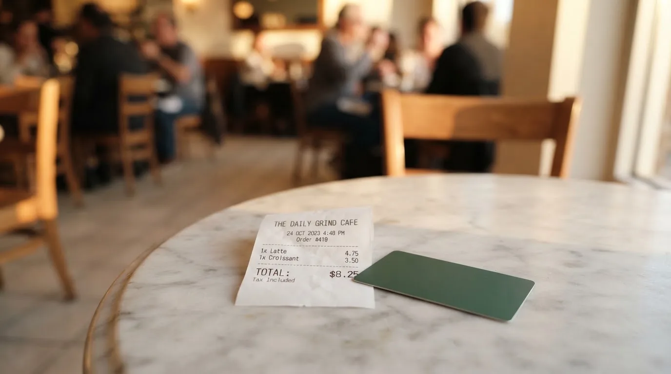 A receipt and a card on a café table