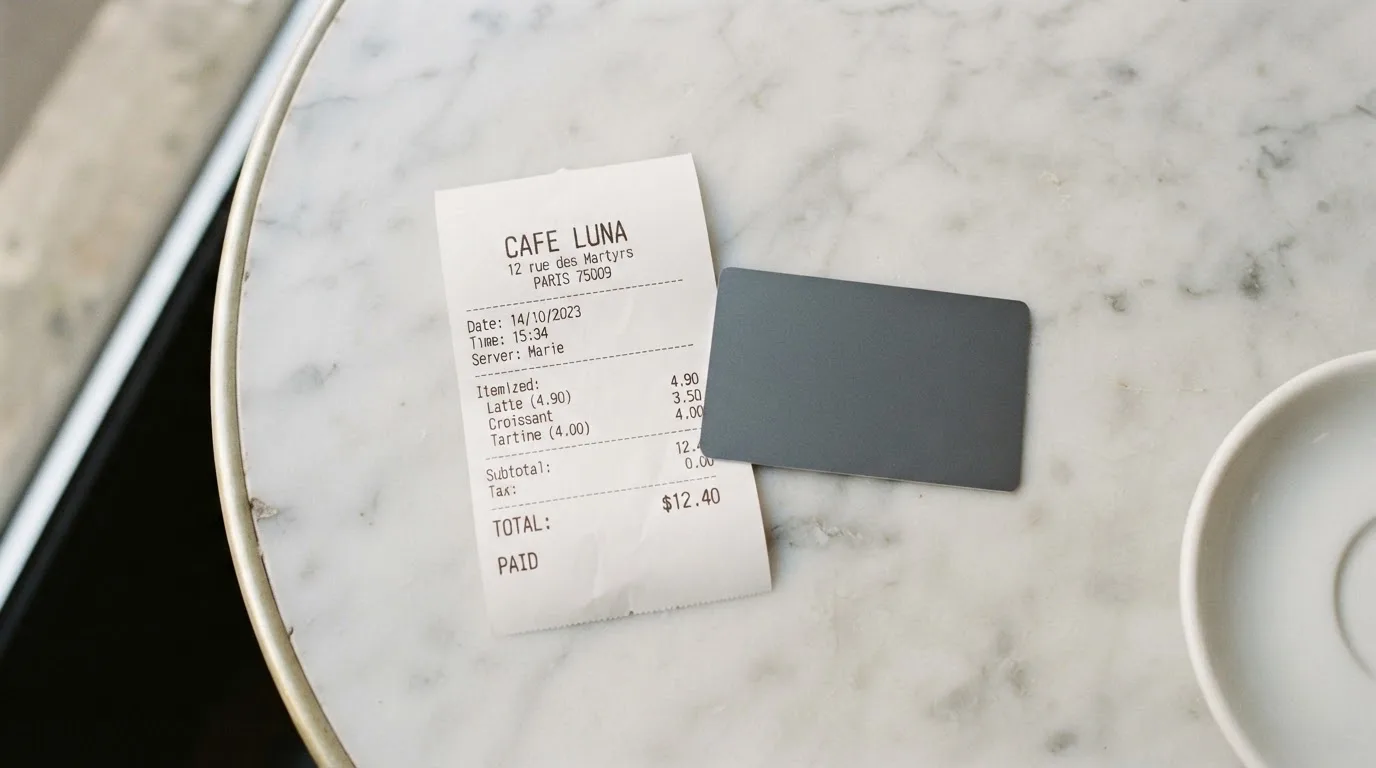 A receipt and a card on a café table