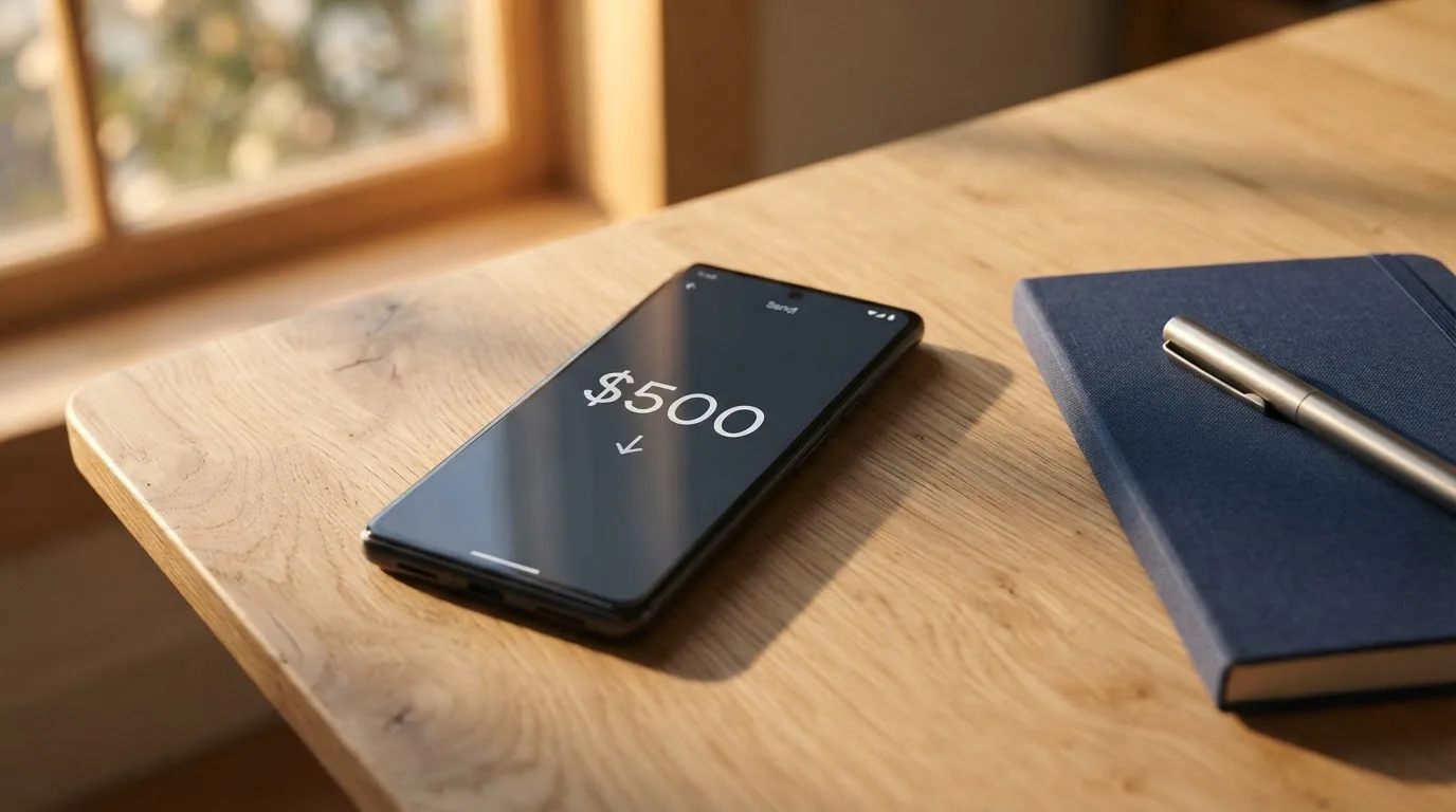 A phone showing a stablecoin transfer screen