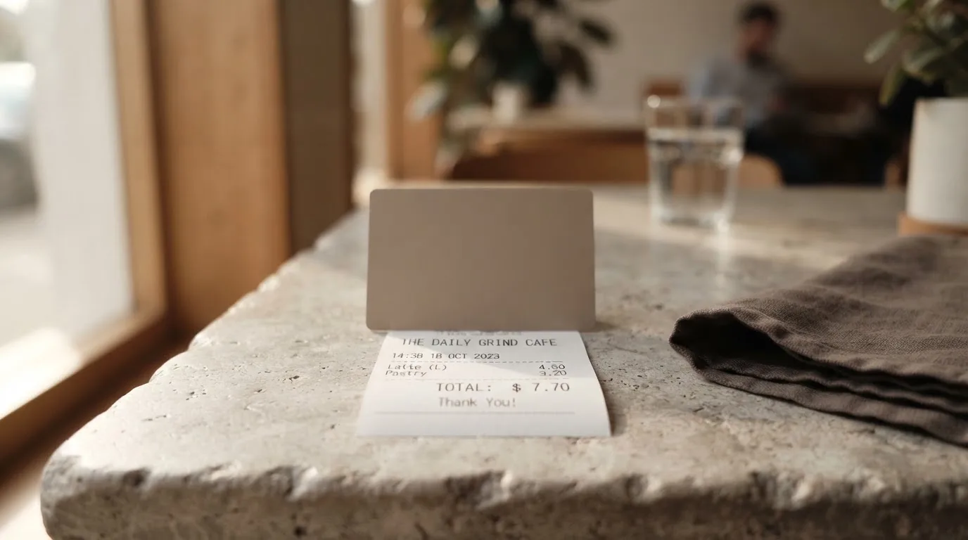 A receipt and a card on a café table
