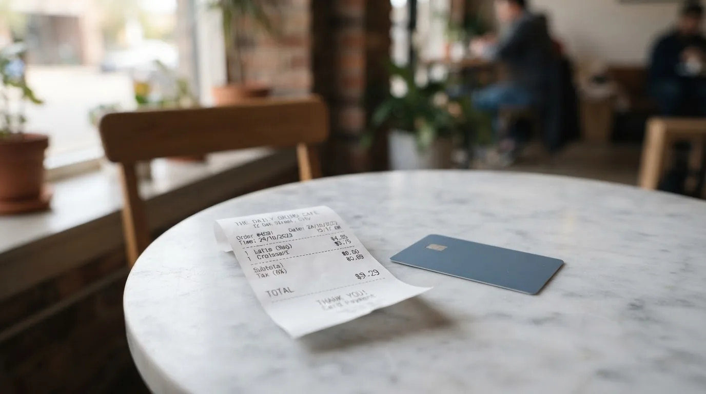 A receipt and a card on a café table