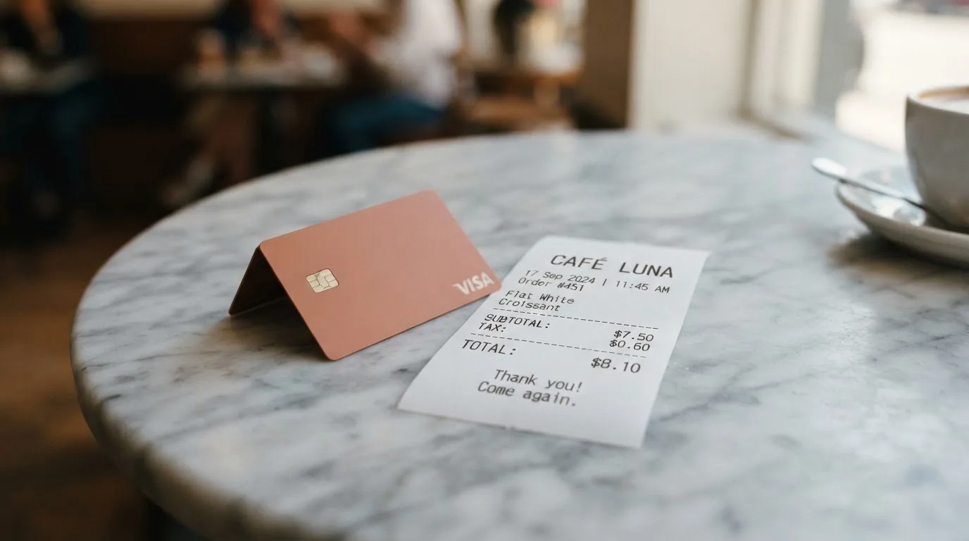A receipt and a card on a café table