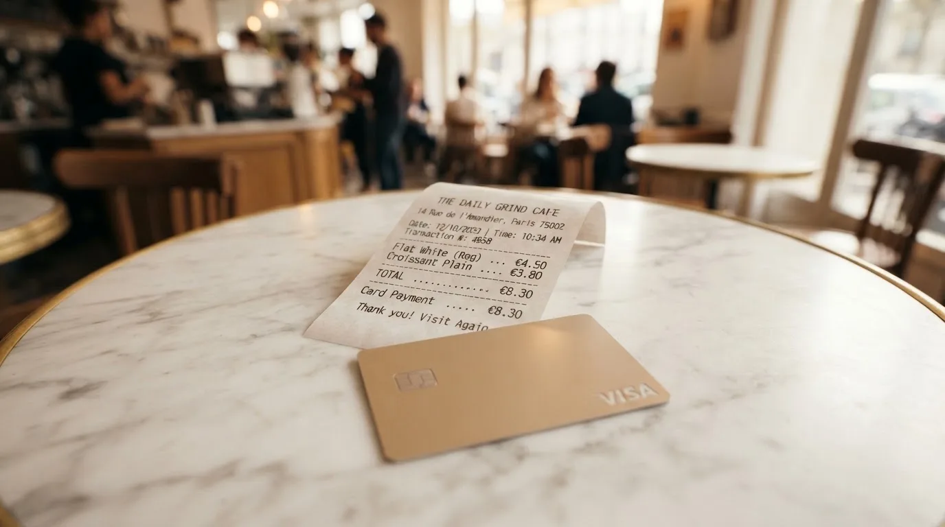 A receipt and a card on a café table