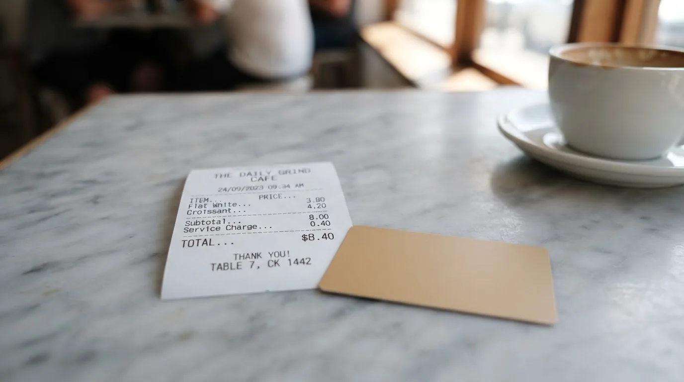 A receipt and a card on a café table