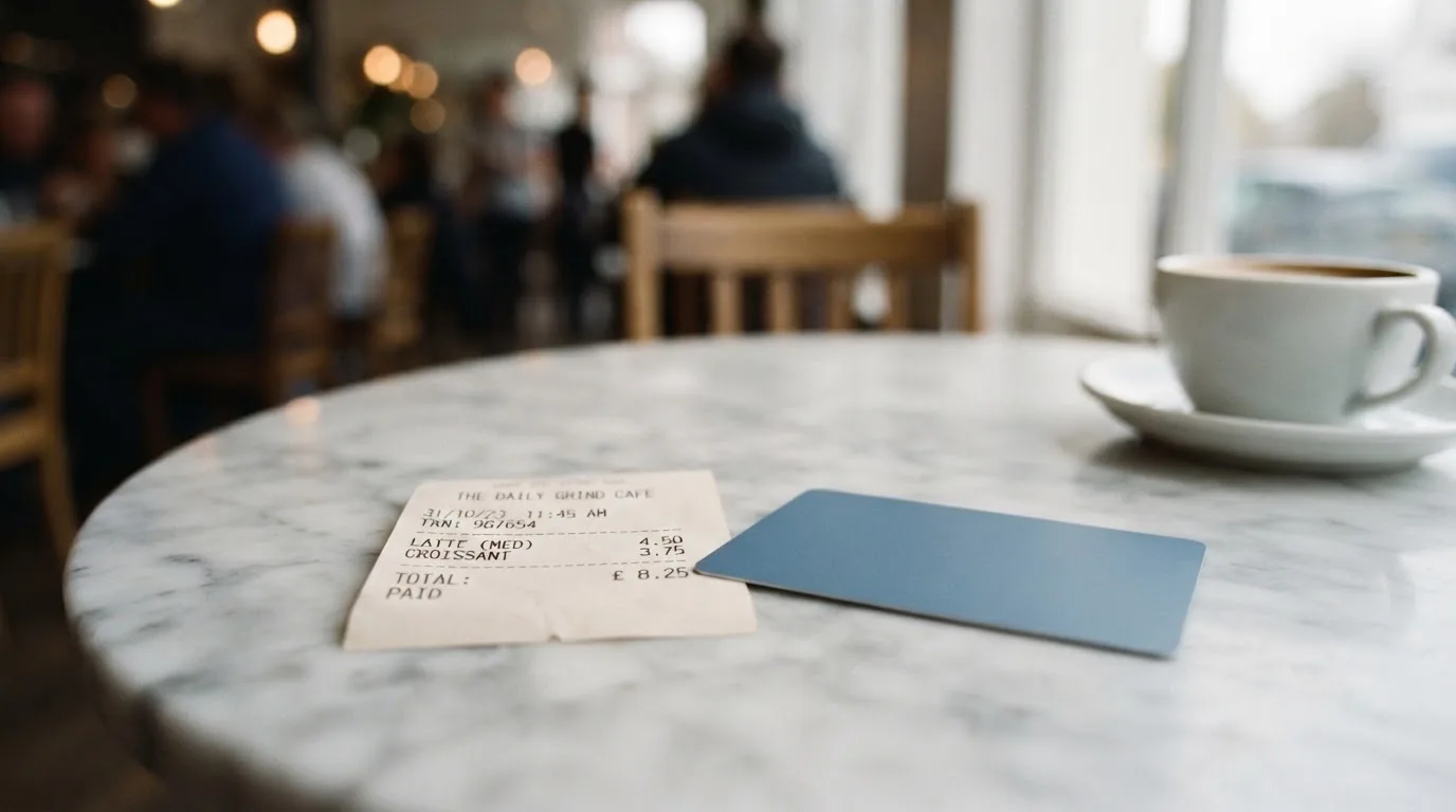 A receipt and a card on a café table