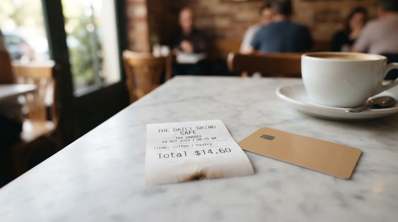 A receipt and a card on a café table