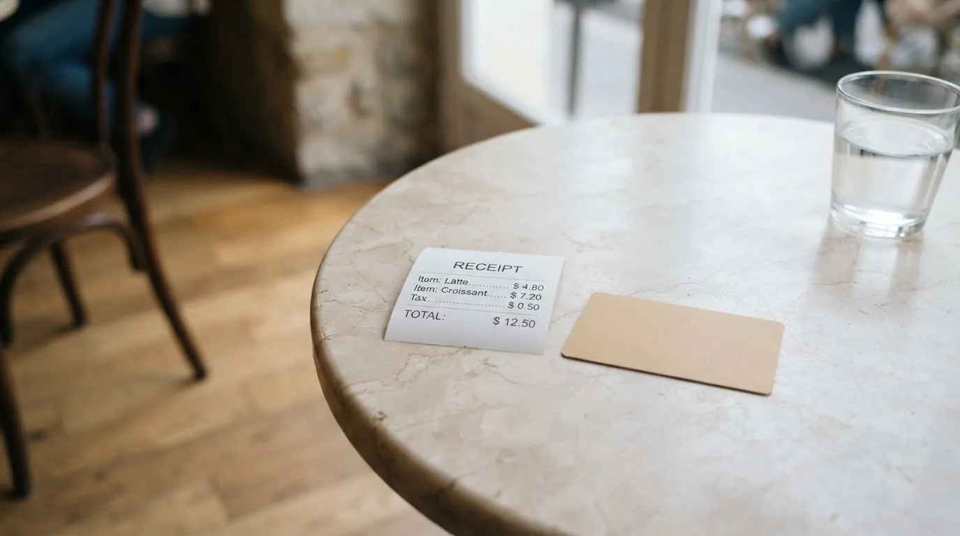 A receipt and a card on a café table