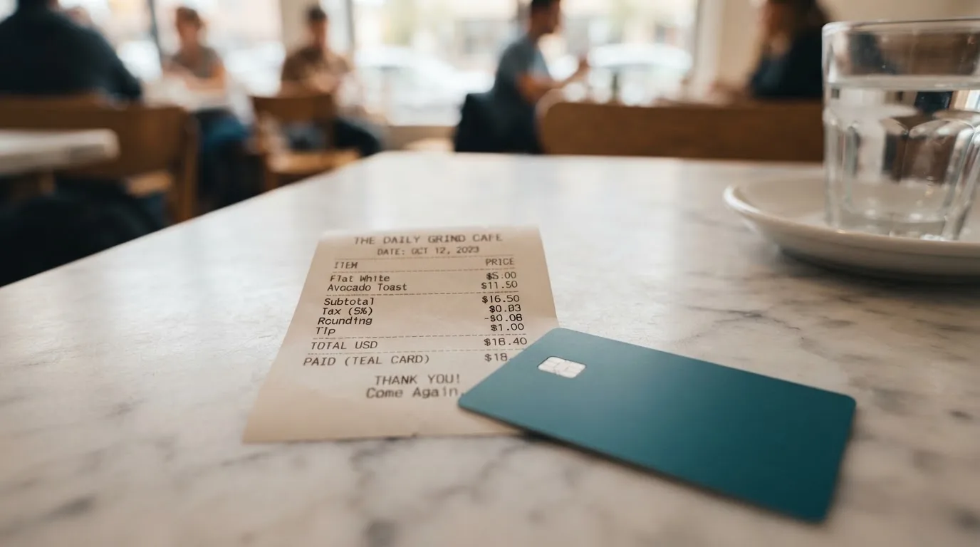 A receipt and a card on a café table