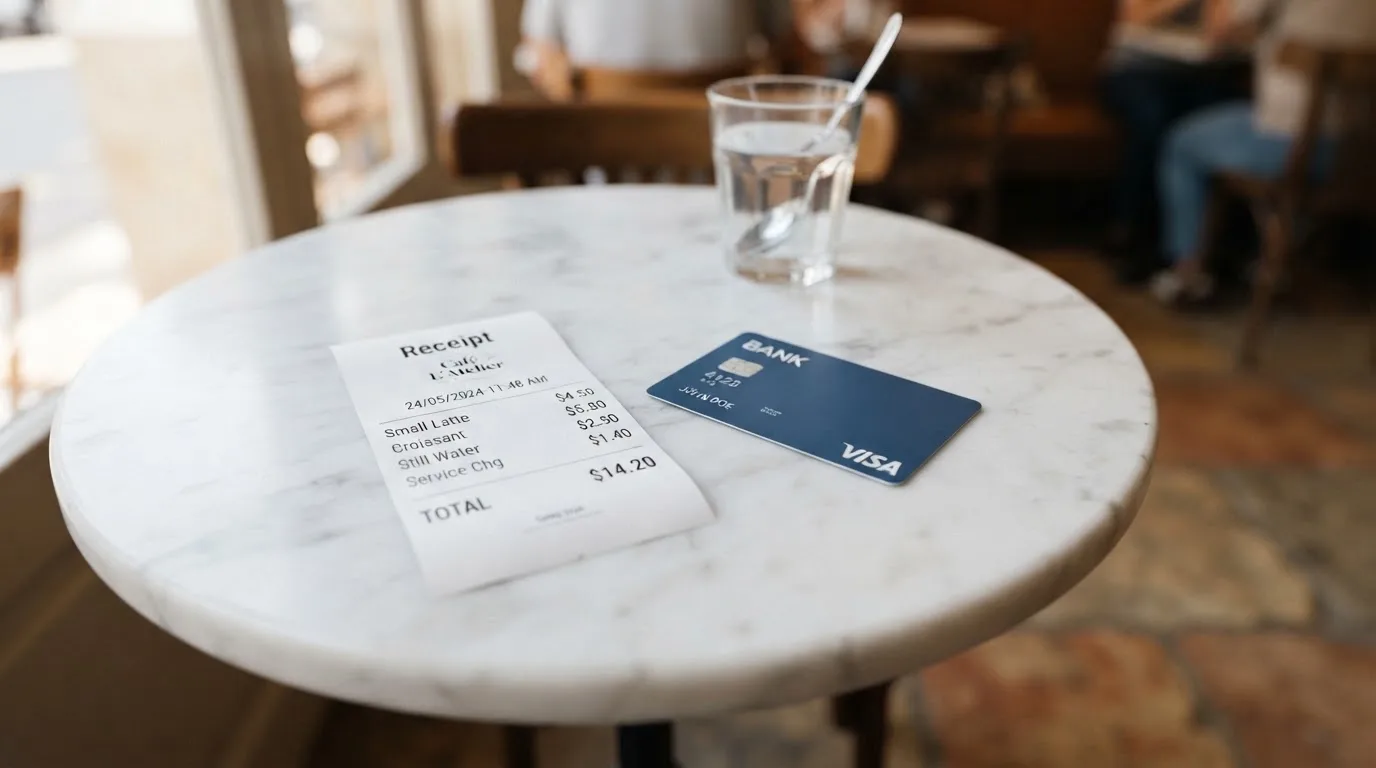 A receipt and a card on a café table
