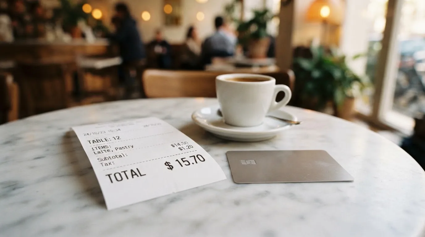 A receipt and a card on a café table